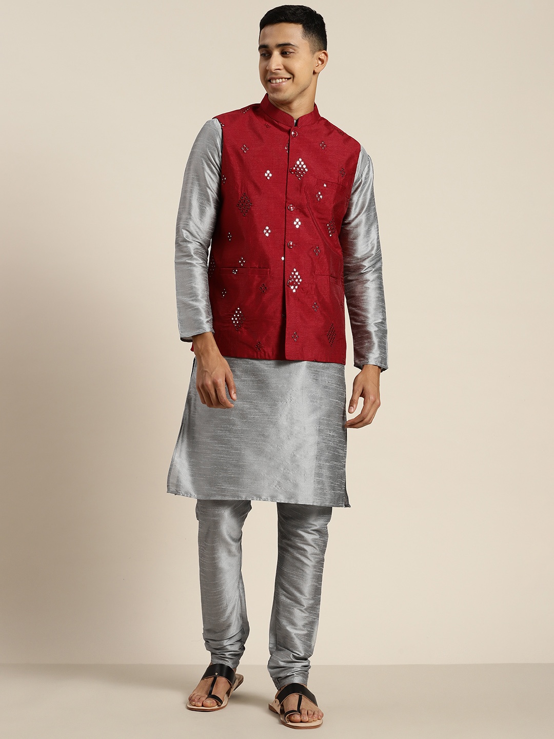 

SOJANYA Mandarin Collar Regular Kurta With Churidar & With Nehru Jacket, Grey