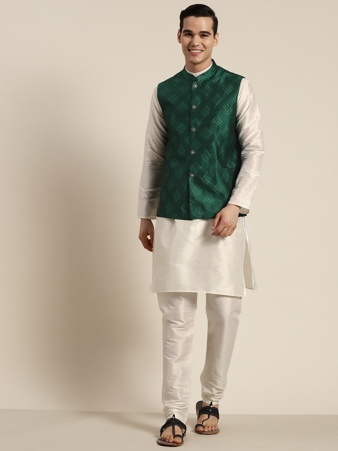 

SOJANYA Mandarin Collar Regular Kurta With Churidar & With Nehru Jacket, Off white