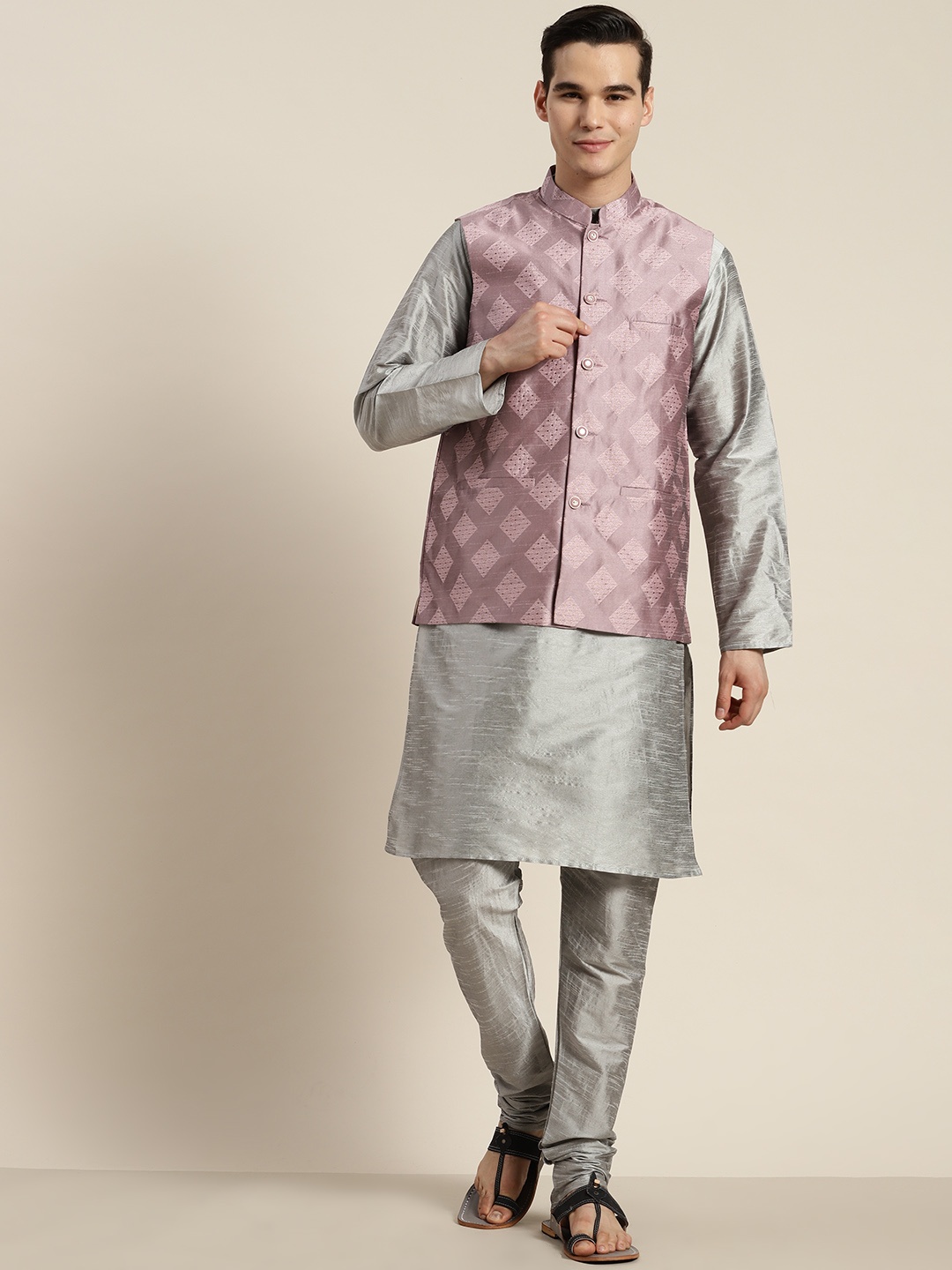 

SOJANYA Mandarin Collar Regular Kurta With Churidar & With Nehru Jacket, Grey