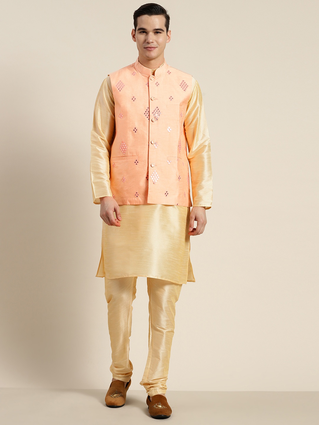 

SOJANYA Mandarin Collar Regular Kurta With Churidar & With Nehru Jacket, Gold