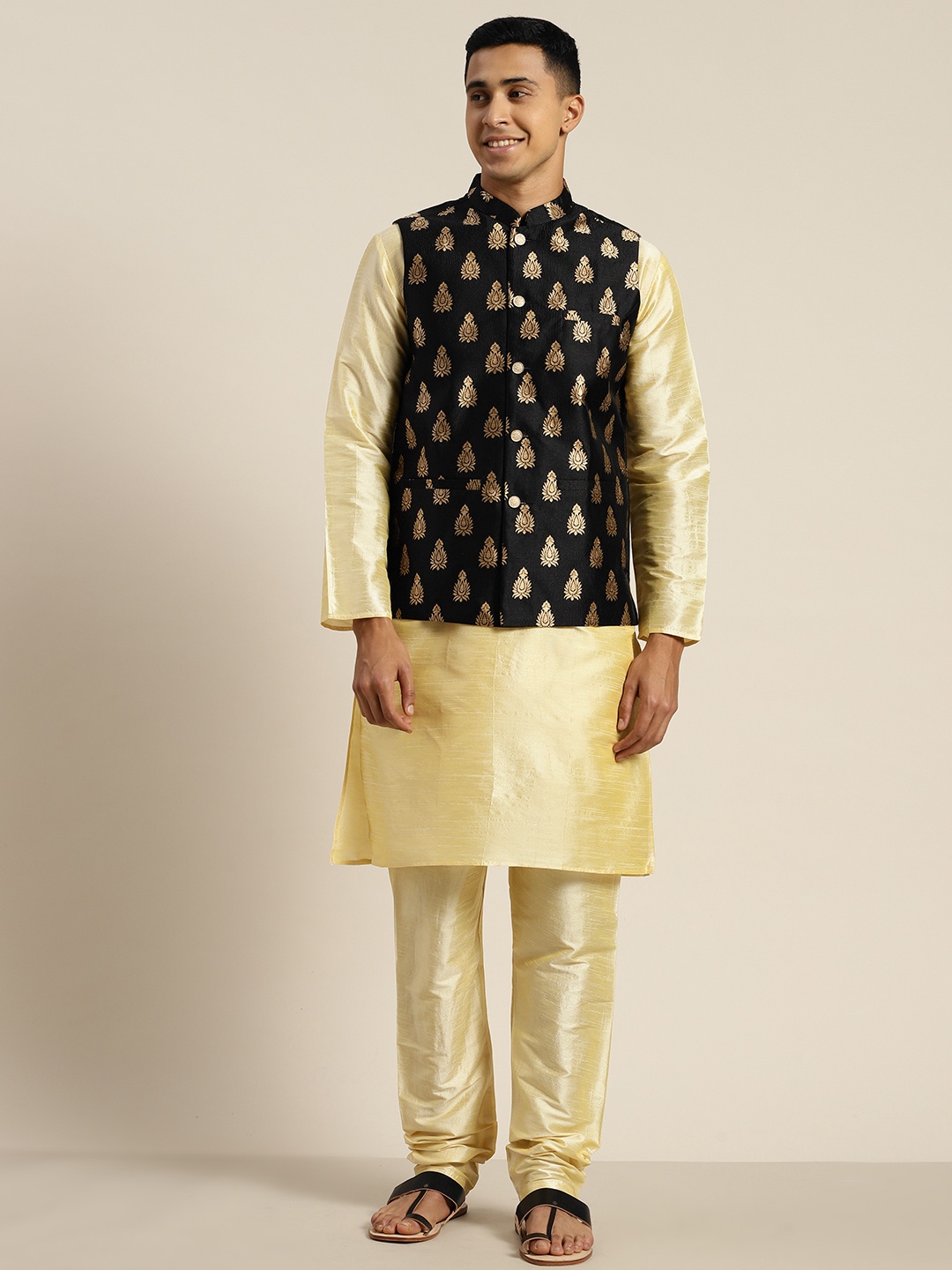 

SOJANYA Mandarin Collar Regular Kurta With Churidar & With Nehru Jacket, Gold