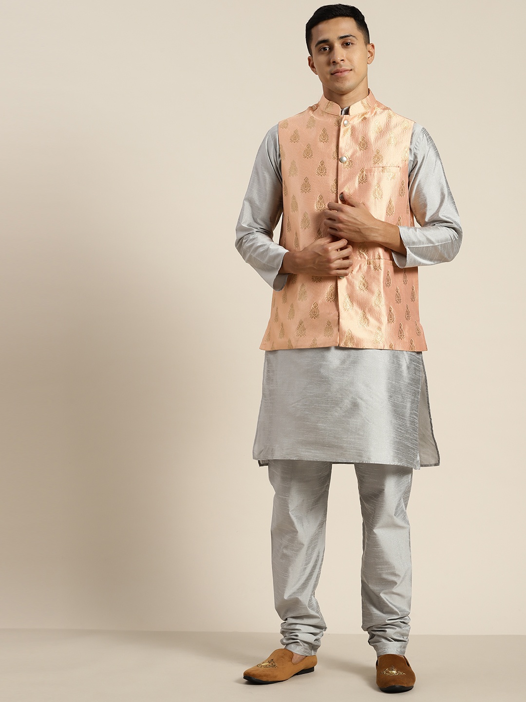 

SOJANYA Mandarin Collar Regular Kurta With Churidar & With Nehru Jacket, Grey