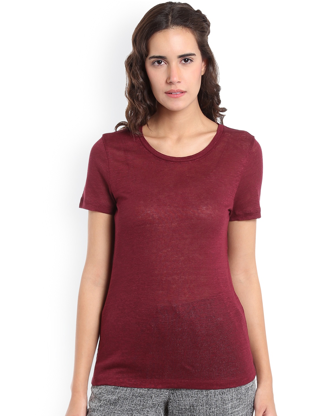 

Vero Moda Women Burgundy Solid Linen Top