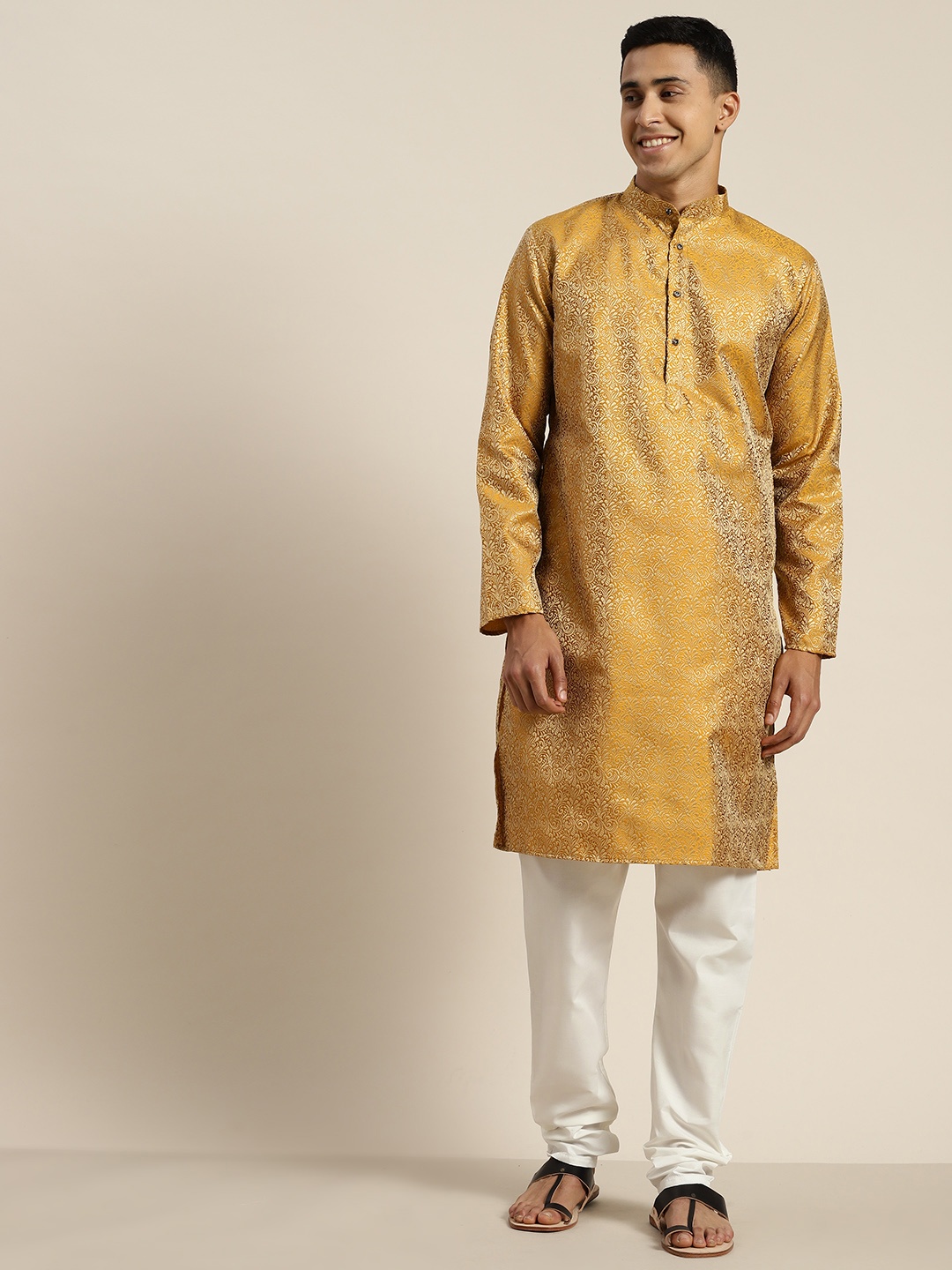 

SOJANYA Woven Design Floral Regular Kurta With Churidar, Mustard