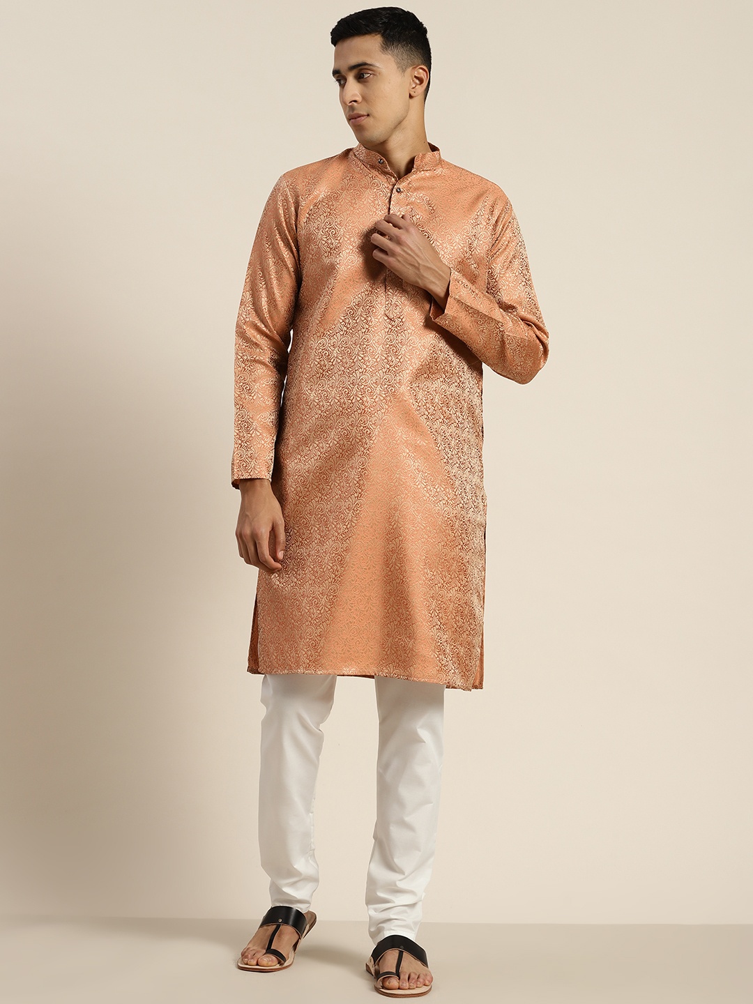 

SOJANYA Floral Woven Design Regular Kurta With Churidar, Peach