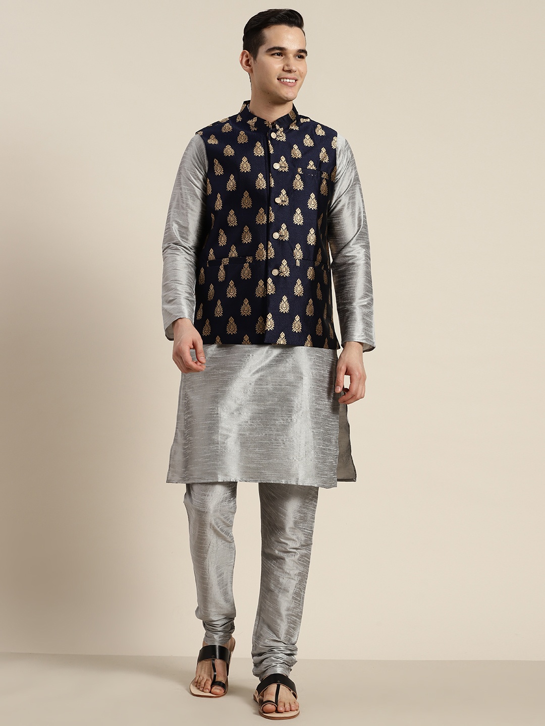 

SOJANYA Mandarin Collar Regular Kurta With Churidar & With Nehru Jacket, Grey