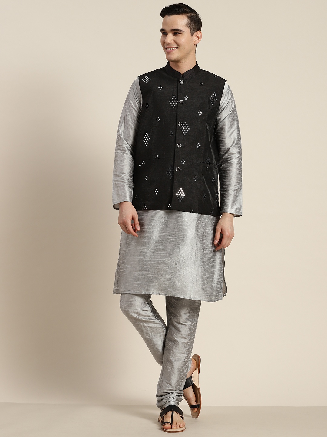 

SOJANYA Mandarin Collar Regular Kurta With Churidar & With Nehru Jacket, Grey