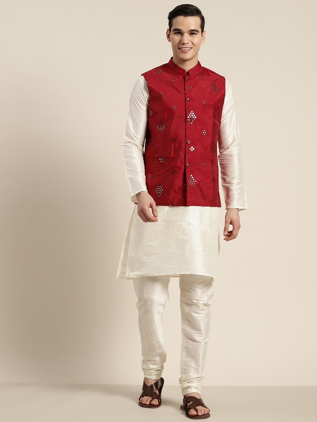 

SOJANYA Mandarin Collar Regular Kurta With Churidar & With Nehru Jacket, Cream