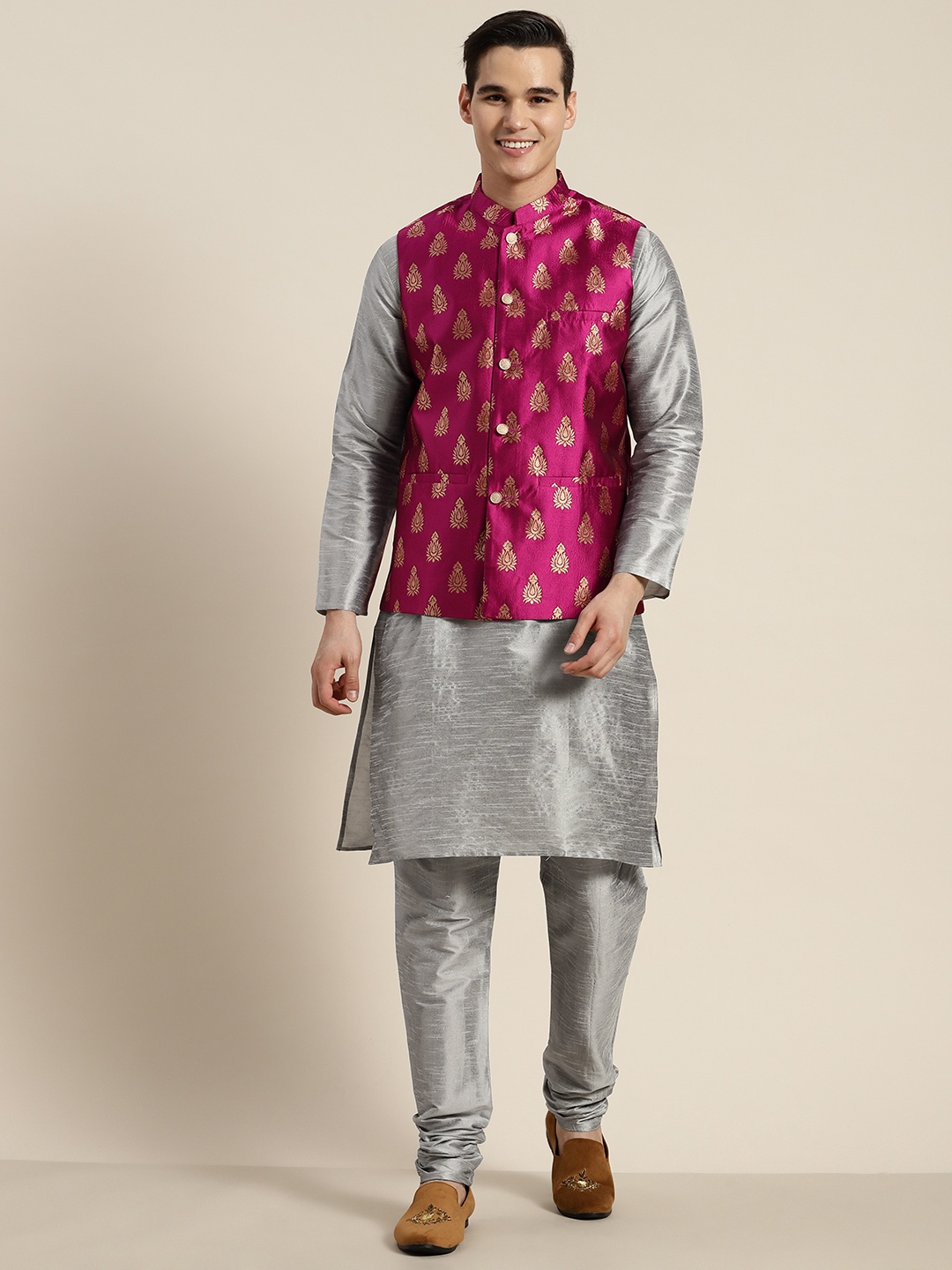 

SOJANYA Mandarin Collar Regular Kurta With Churidar & With Nehru Jacket, Grey