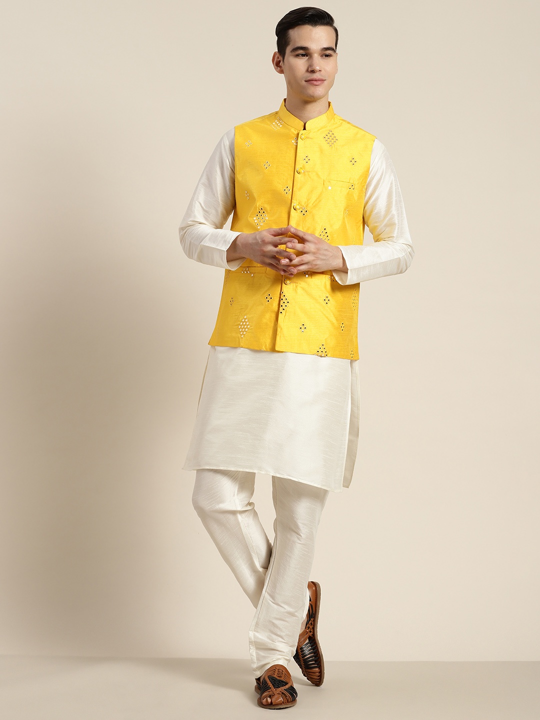 

SOJANYA Regular Kurta With Churidar & With Nehru Jacket, Off white