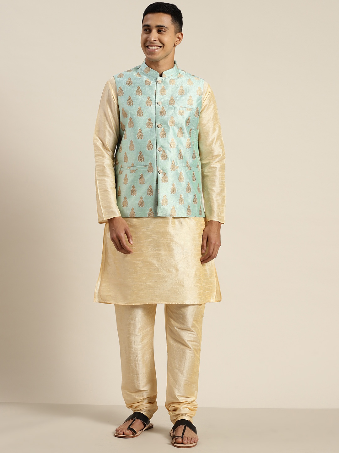 

SOJANYA Regular Kurta With Churidar & With Nehru Jacket, Gold