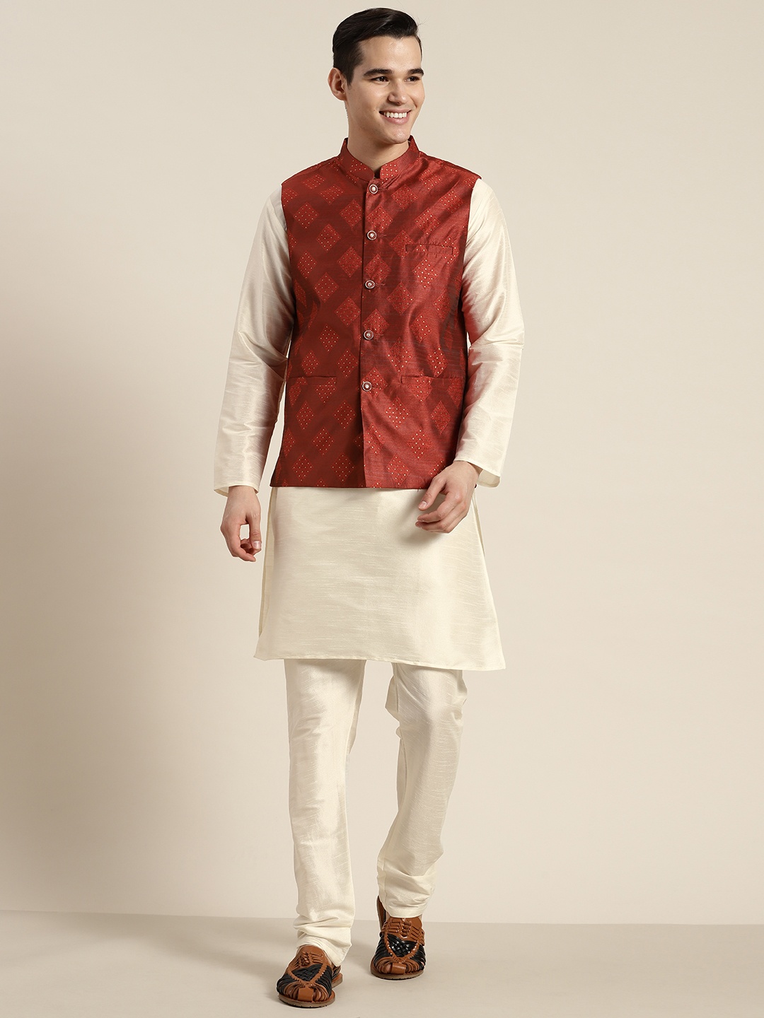 

SOJANYA Regular Kurta With Churidar & With Nehru Jacket, Off white