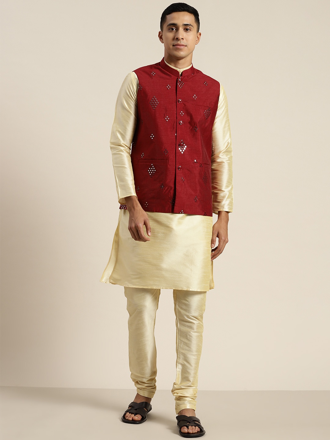 

SOJANYA Regular Mirror Work Kurta with Churidar, Beige