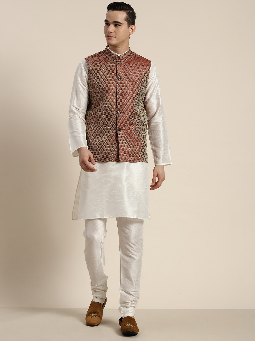 

SOJANYA Regular Kurta With Churidar & With Nehru Jacket, Off white