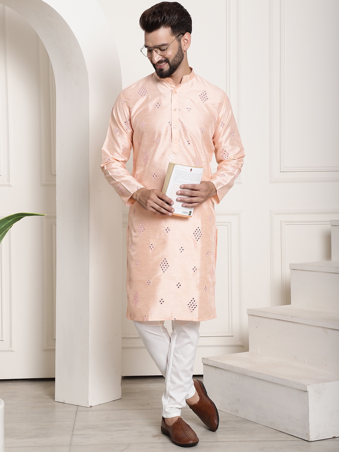 

SOJANYA Embroidered Regular Mirror Work Kurta with Churidar, Peach