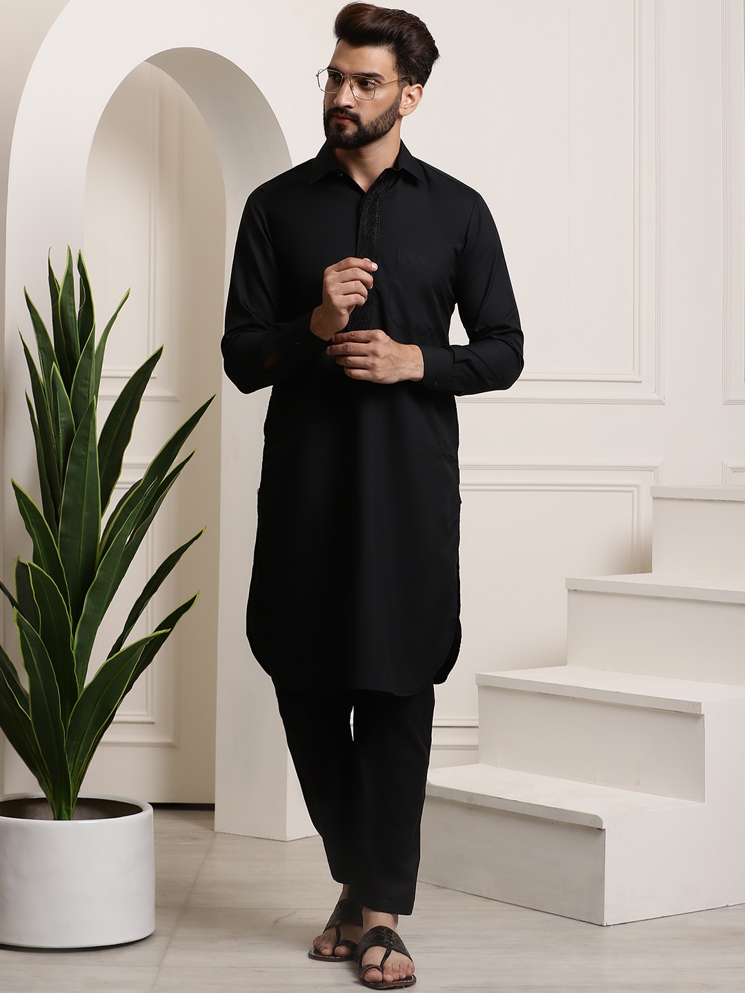 

SOJANYA Cotton Linen Kurta With Pyjamas, Black