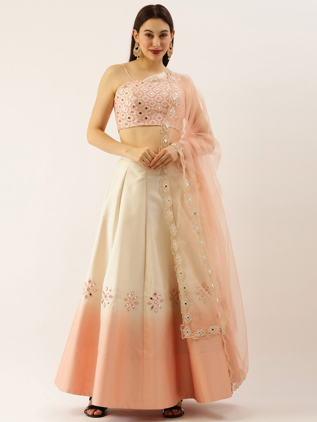 

panchhi Embellished Mirror Work Ready to Wear Lehenga & Blouse With Dupatta, Peach