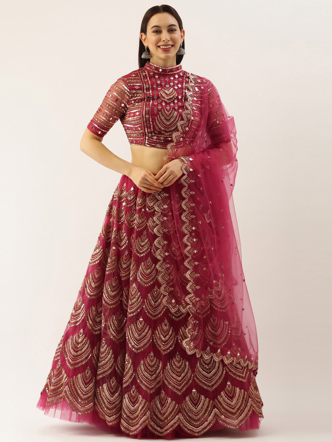 

panchhi Pink & Gold-Toned Embellished Sequinned Semi-Stitched Lehenga & Unstitched Blouse With Dupatta