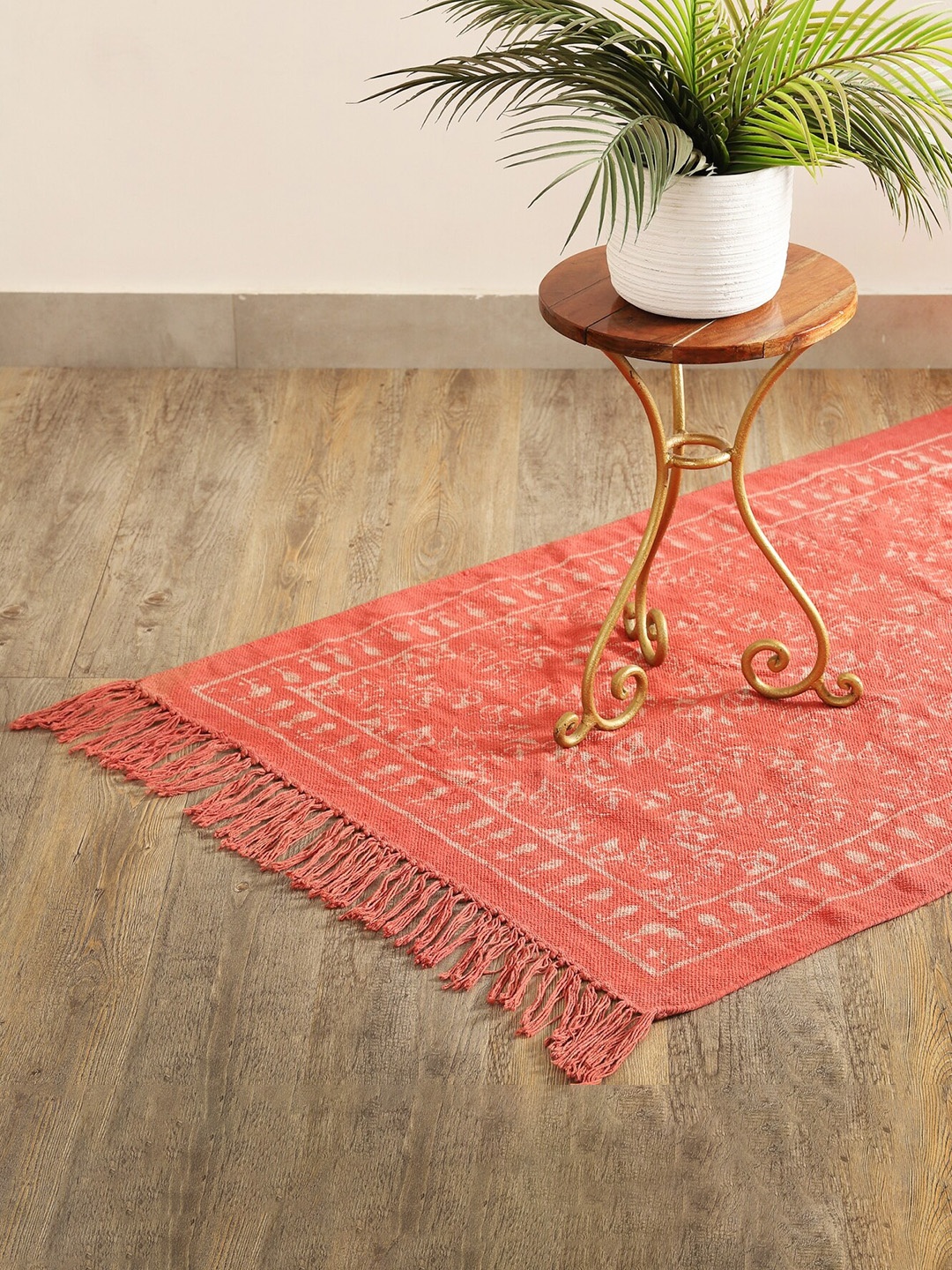 

HANDICRAFT PALACE Pink & White Block Printed Cotton Floor Carpet