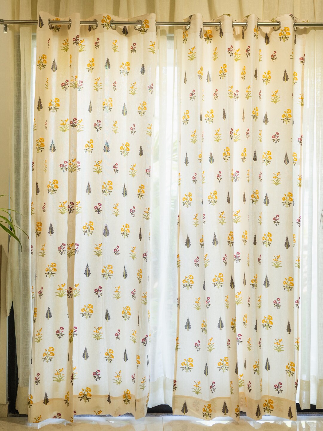 

URBAN SPACE Off White & Yellow 2-Pieces Ethnic Motifs Cotton Door Curtains
