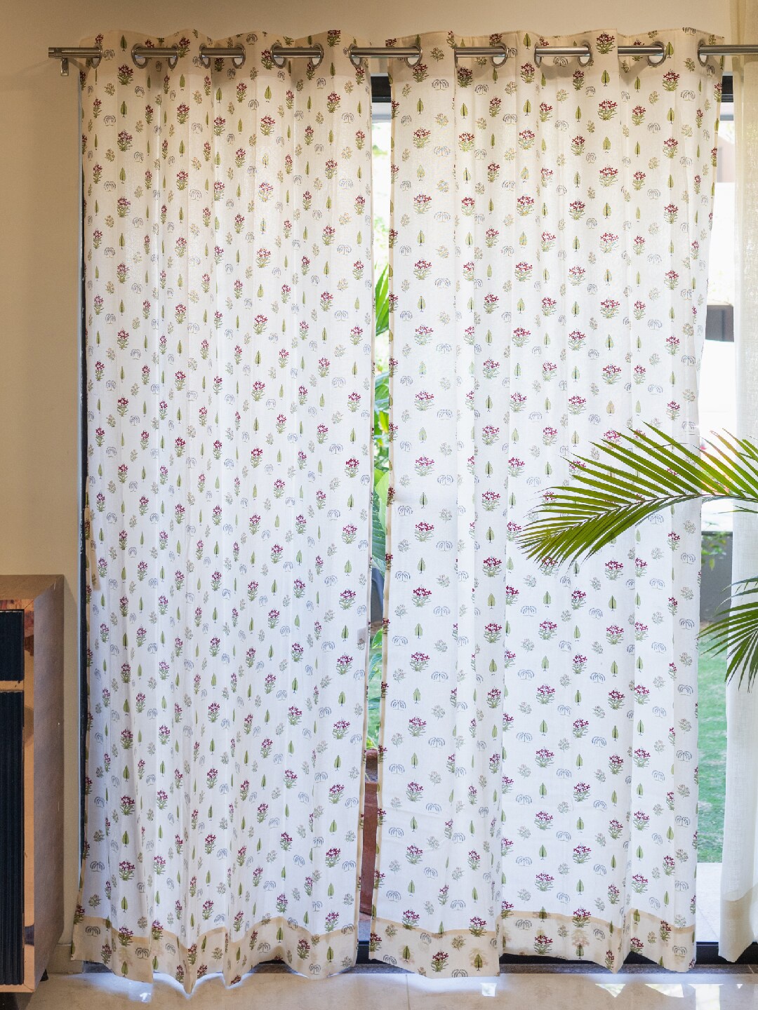 

URBAN SPACE Cream-Coloured & Red 2-Pieces Floral Cotton Long Door Curtains