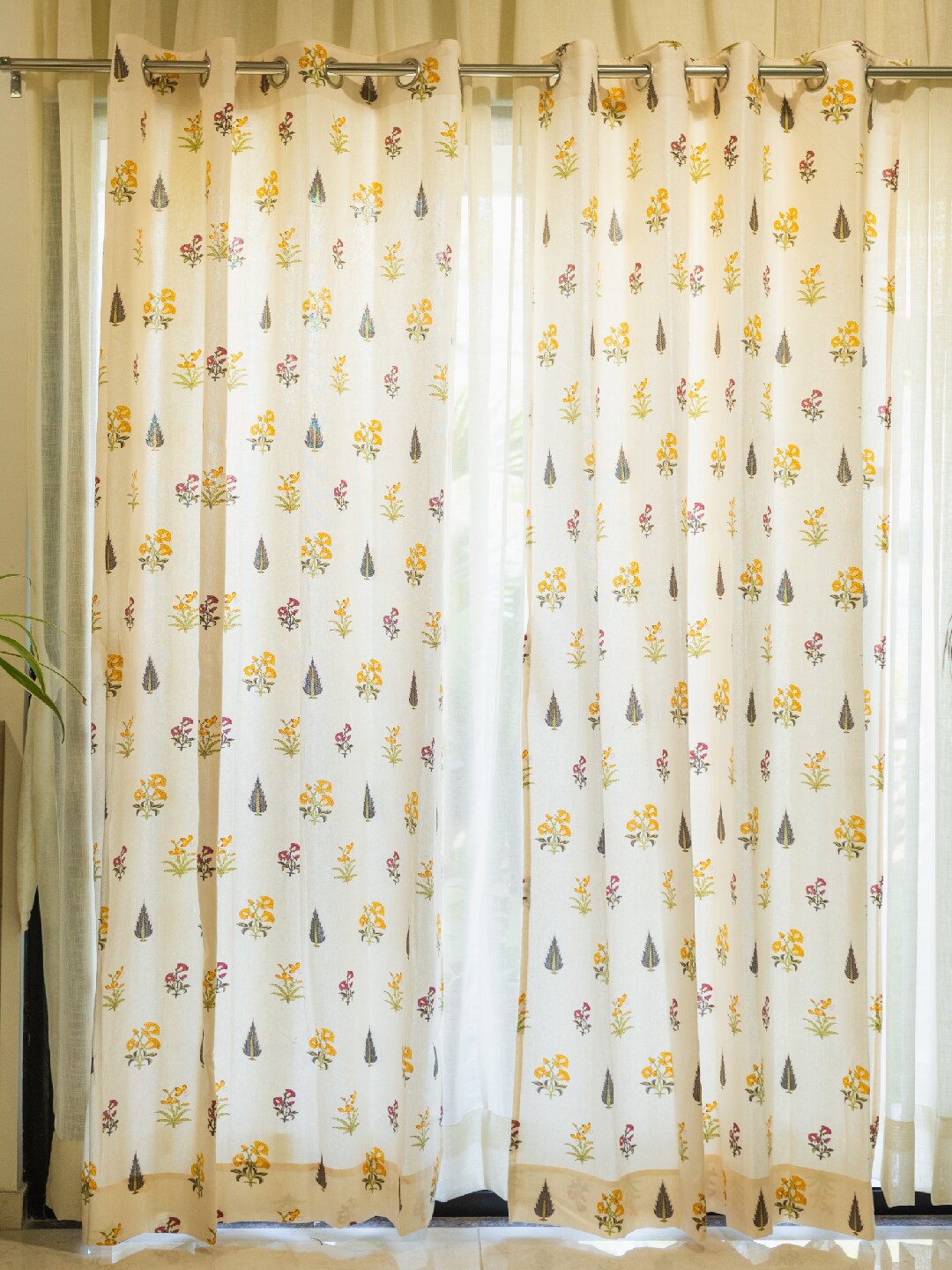 

URBAN SPACE Cream-Colored & Yellow 2-Pieces Floral Cotton Long Door Curtains