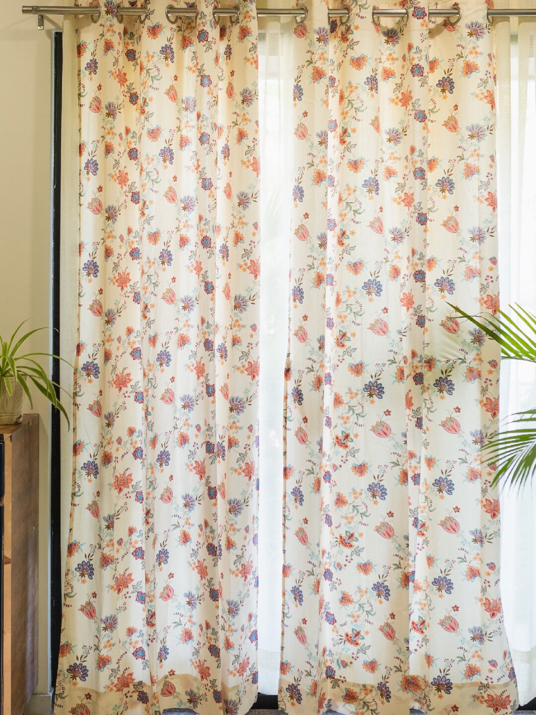 

URBAN SPACE Cream-Colored & Peach 2-Pieces Floral Cotton Long Door Curtains