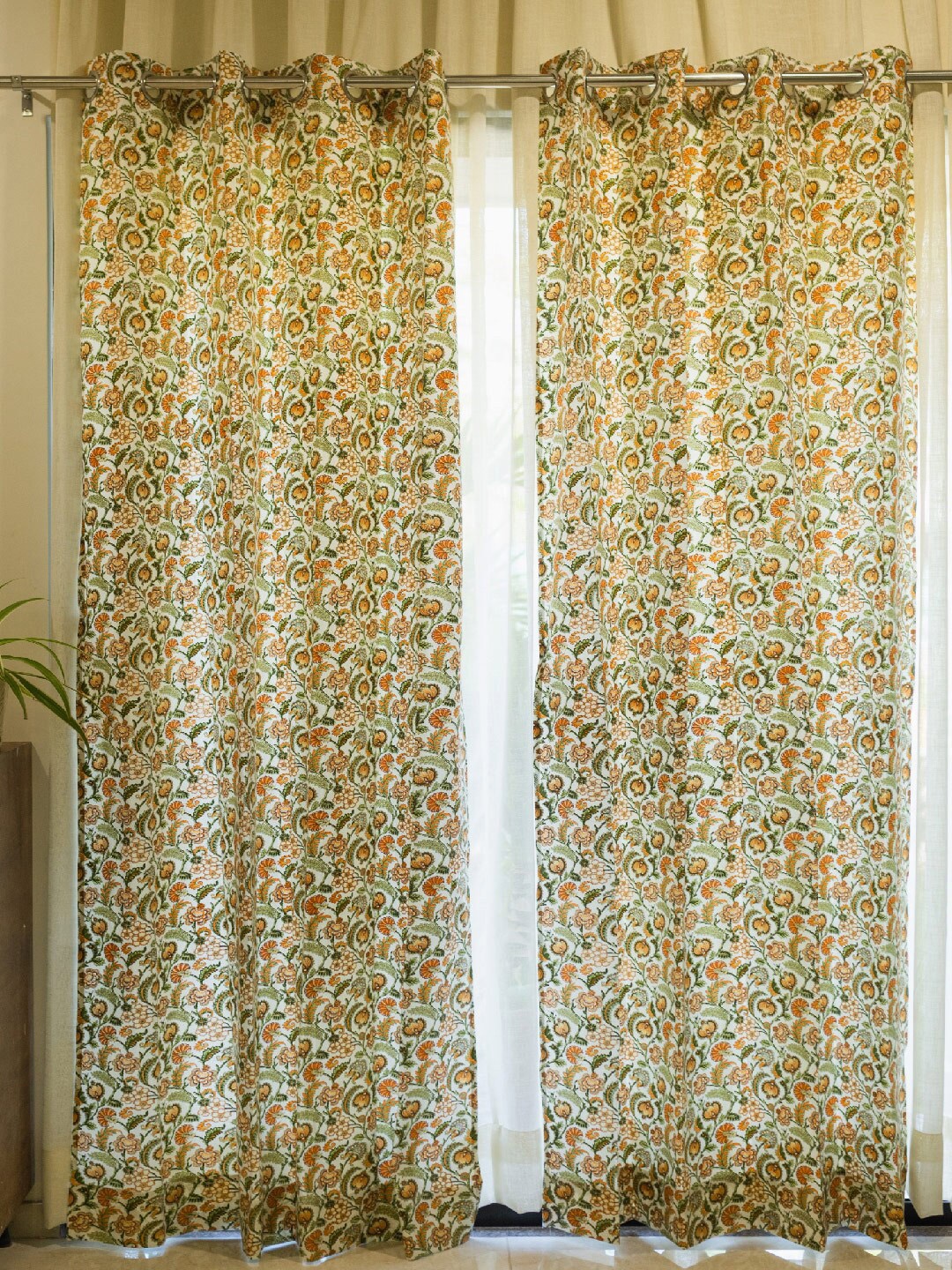 

URBAN SPACE Mustard & Green 2-Pieces Ethnic Motifs Cotton Window Curtains