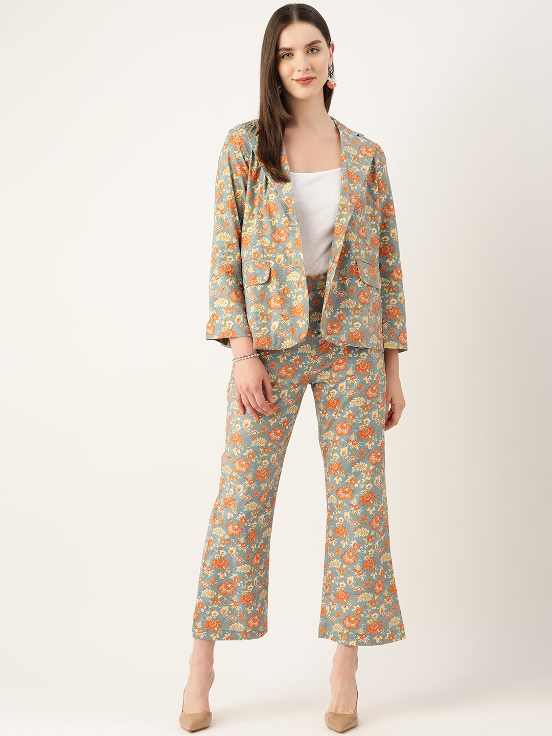 

MISRI Floral Print Single-Breasted Pure Cotton Two-Piece Suit, Turquoise blue