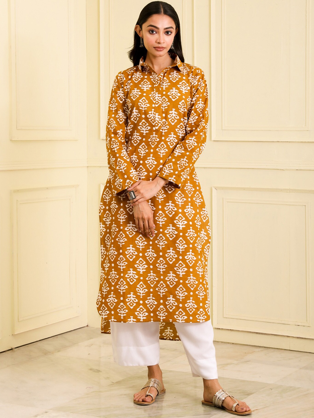 

BEATITUDE Ethnic Motifs Printed Shirt Collar Organic Cotton Kurta, Mustard