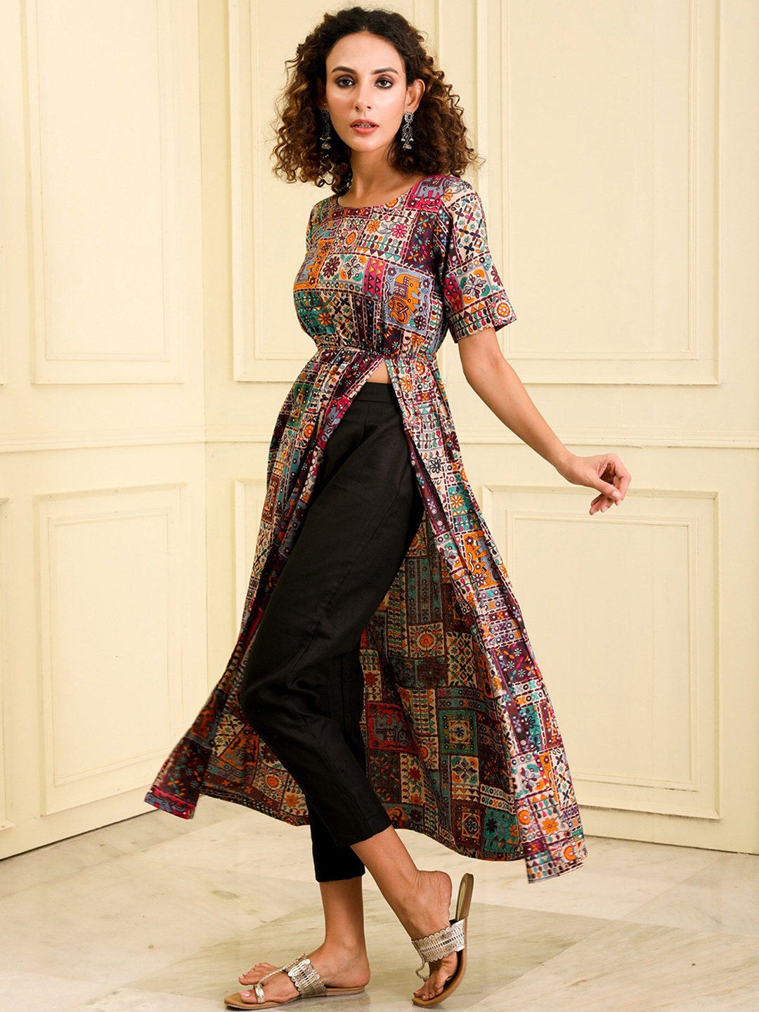 

BEATITUDE High-Slit Ethnic Motifs Printed A-Line Cotton Kurta, Off white