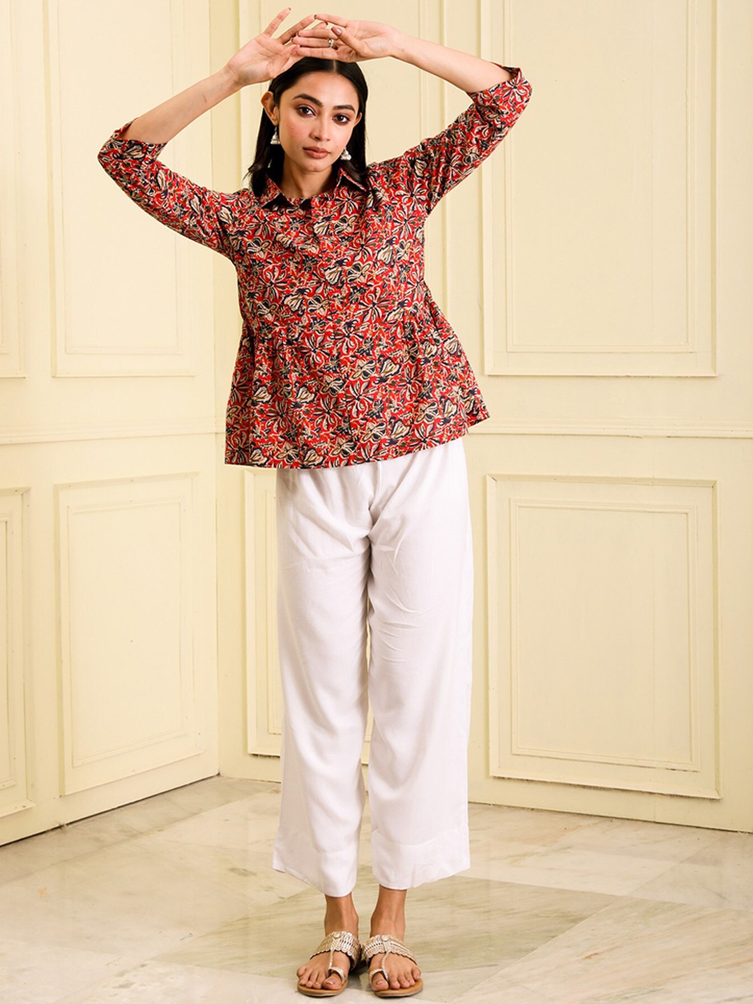 

BEATITUDE Floral Printed Shirt Collar Organic Cotton Kurti, Red