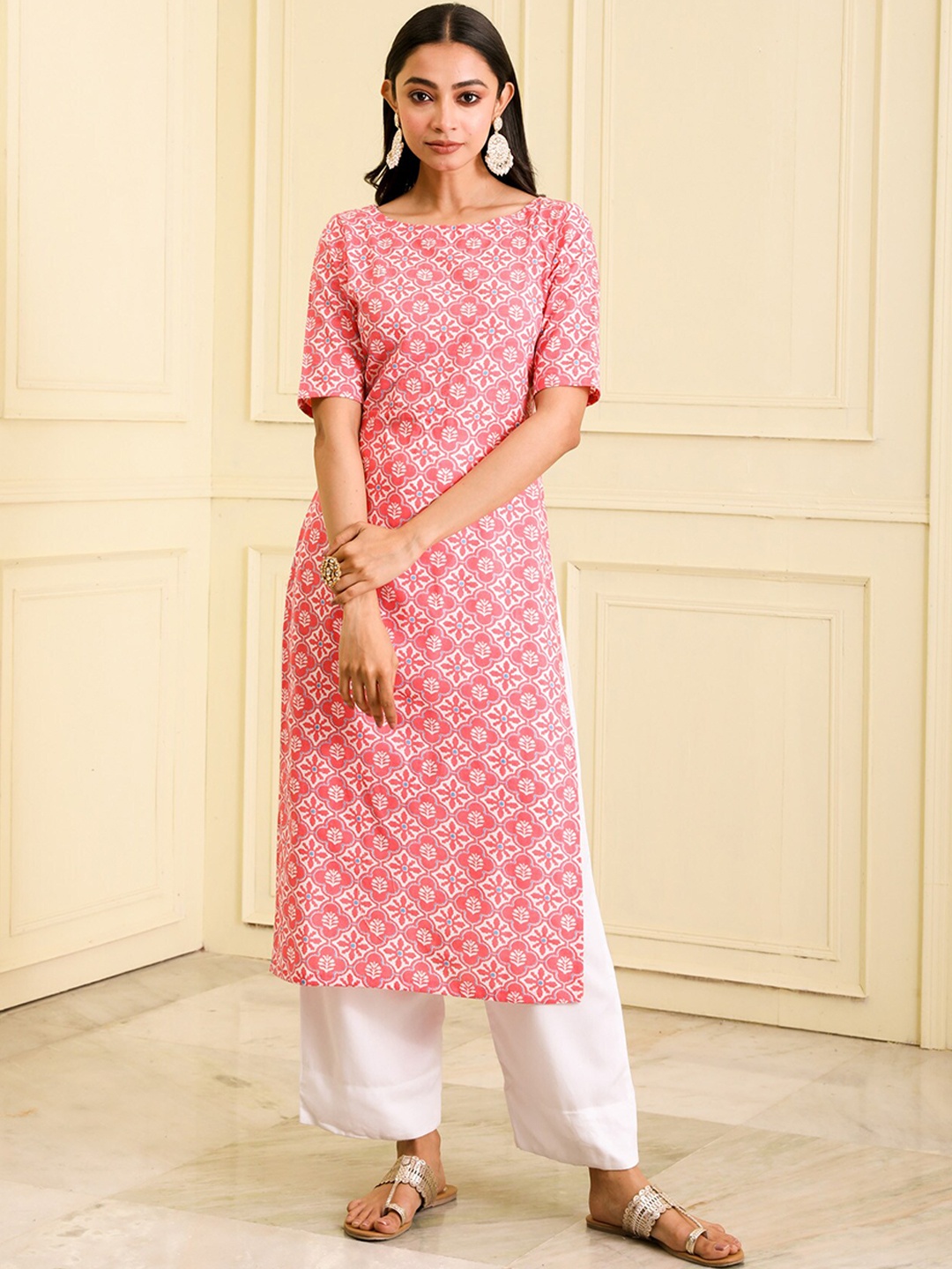

BEATITUDE Ethnic Motifs Printed Organic Cotton Kurta, Pink