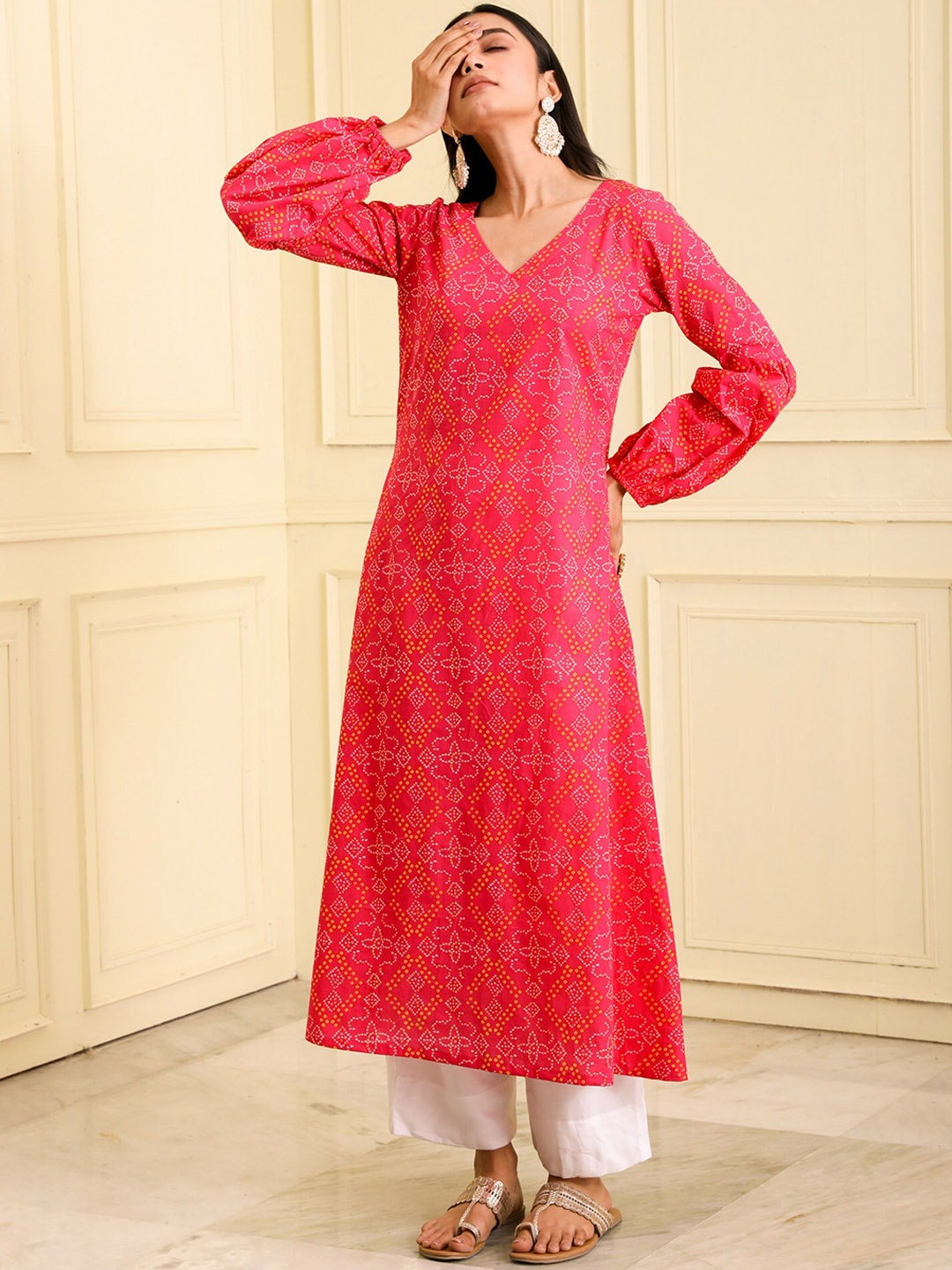 

BEATITUDE Bandhani Printed Organic Cotton A-Line Kurta, Red