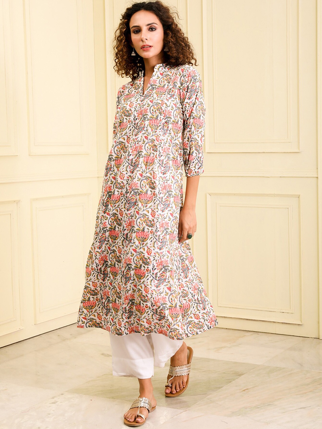 

BEATITUDE Floral Printed Band Collar Organic Cotton Kurta, Off white