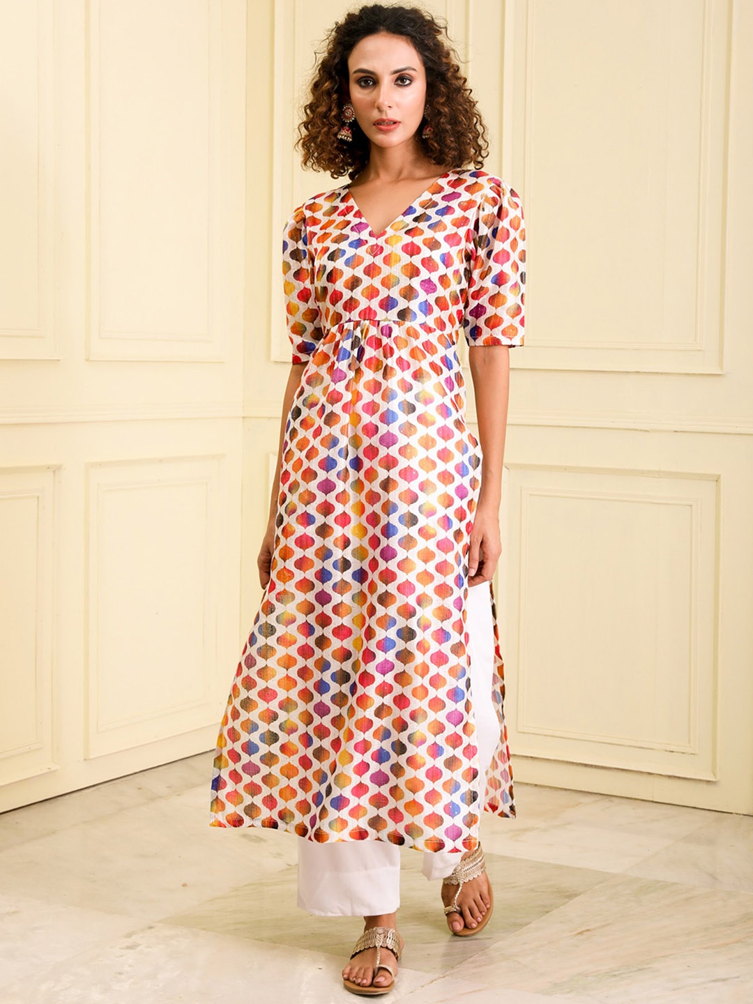 

BEATITUDE Ethnic Motifs Printed Brocade A-Line Kurta, White