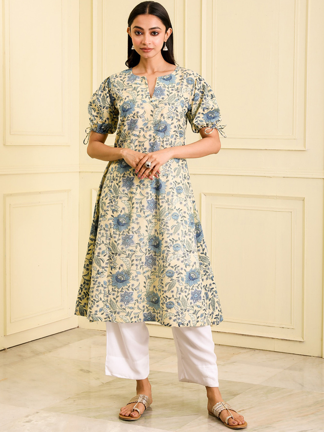 

BEATITUDE Notched Neck Floral Printed A-Line Organic Cotton Kurta, Beige