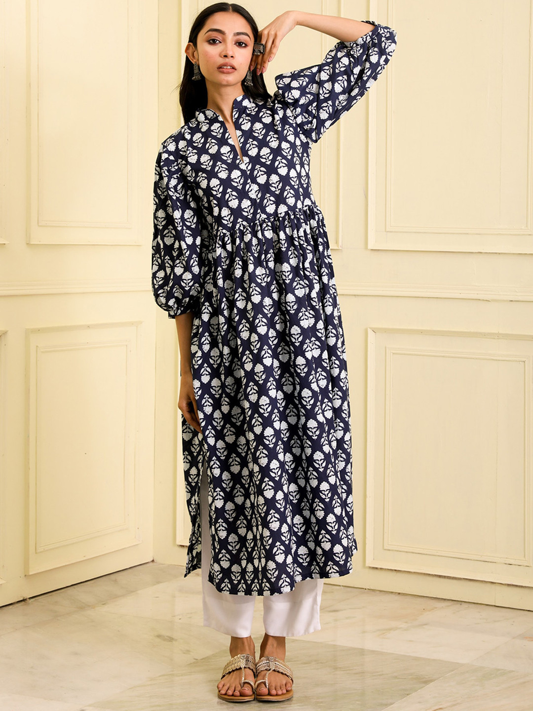 

BEATITUDE Ethnic Motifs Printed A-Line Organic Cotton Kurta, Navy blue