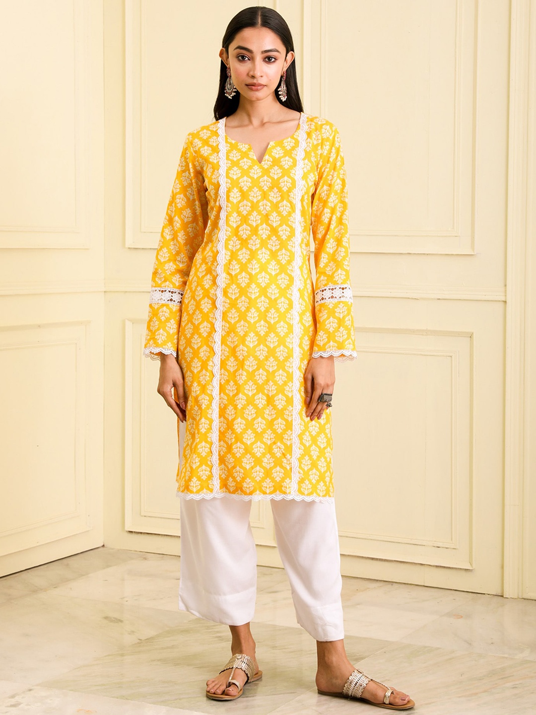

BEATITUDE Notched Neck Ethnic Motifs Printed Organic Cotton Kurta, Yellow