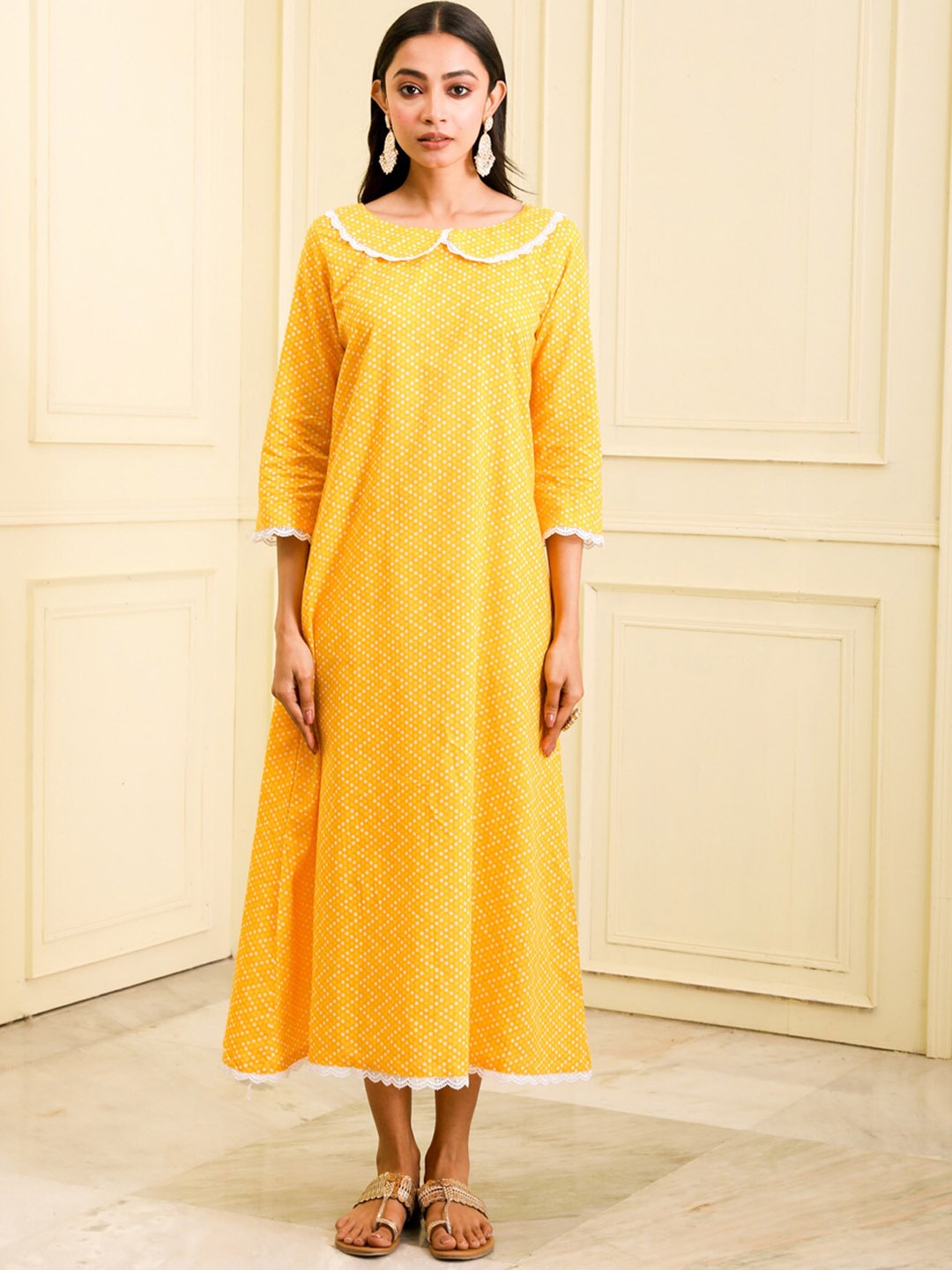 

BEATITUDE Polka Dots Printed Organic Cotton A-Line Kurta, Yellow