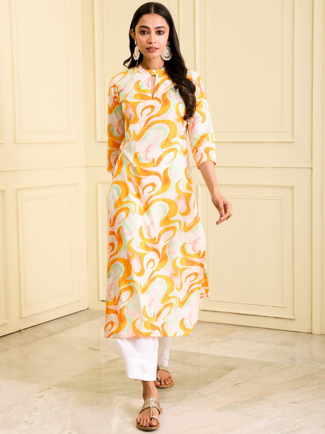 

BEATITUDE Abstract Printed Organic Cotton Straight Kurta, Orange