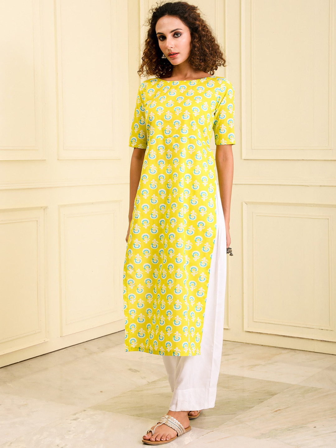 

BEATITUDE Floral Printed Boat Neck Organic Cotton Straight Kurta, Yellow