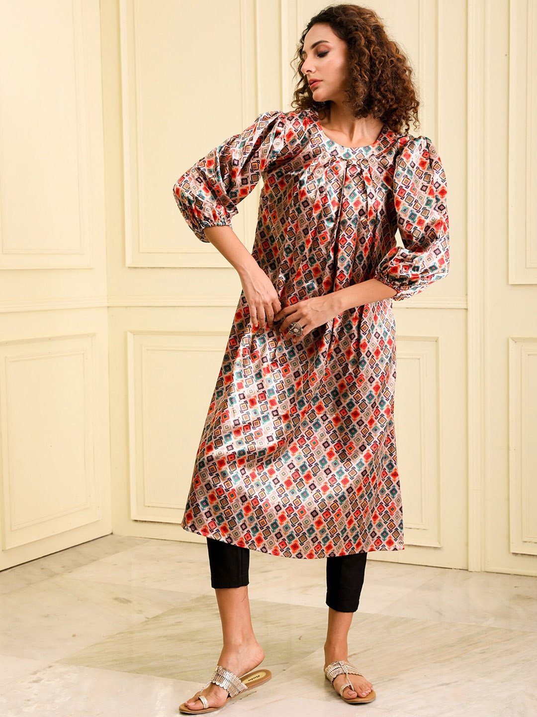 

BEATITUDE Ethnic Motifs Printed Puff Sleeves Satin Kurta, Pink