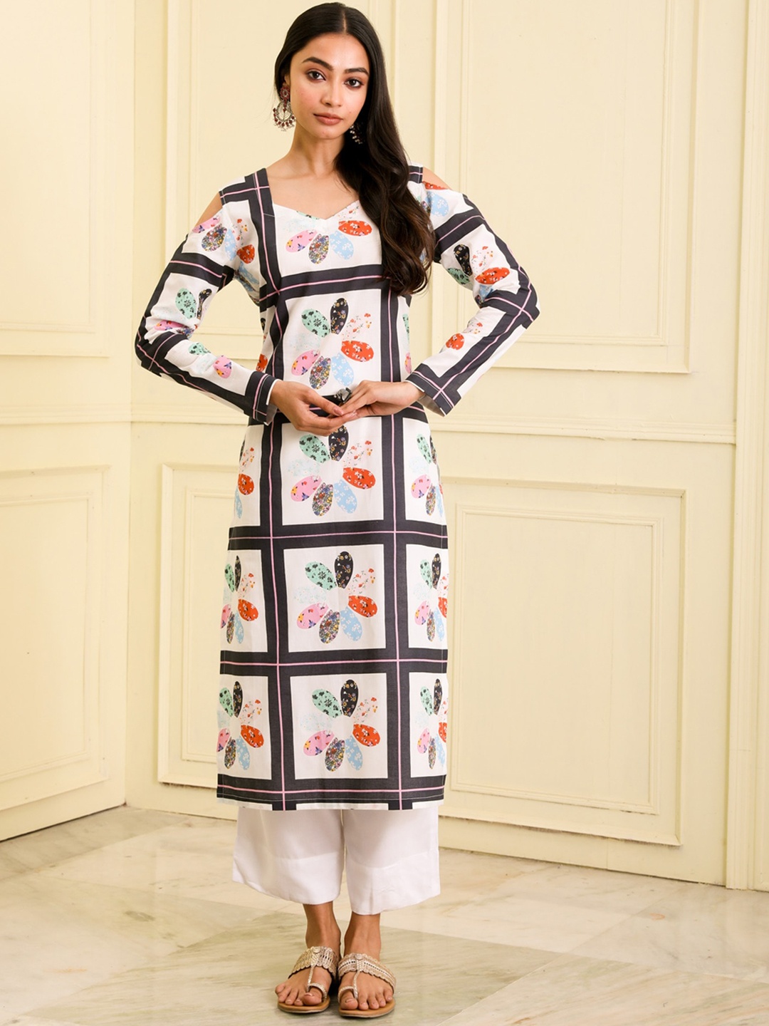 

BEATITUDE Cold-Shoulder Sleeves Abstract Printed Organic Cotton Kurta, White