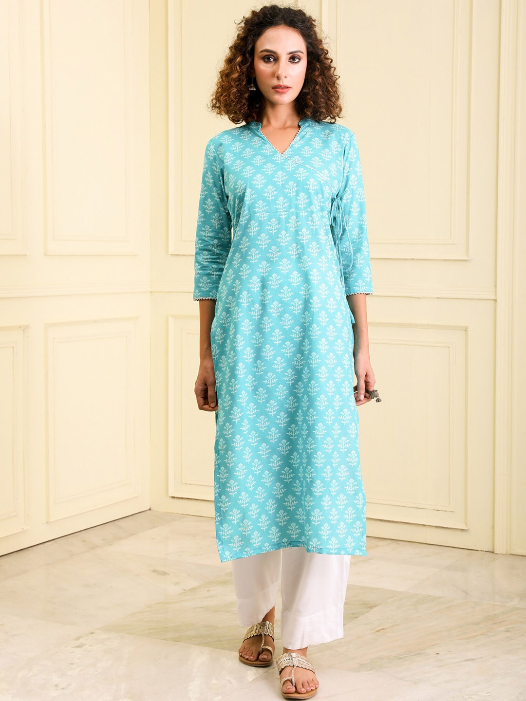 

BEATITUDE Floral Printed Gotta Patti Organic Cotton Angrakha Kurta, Blue