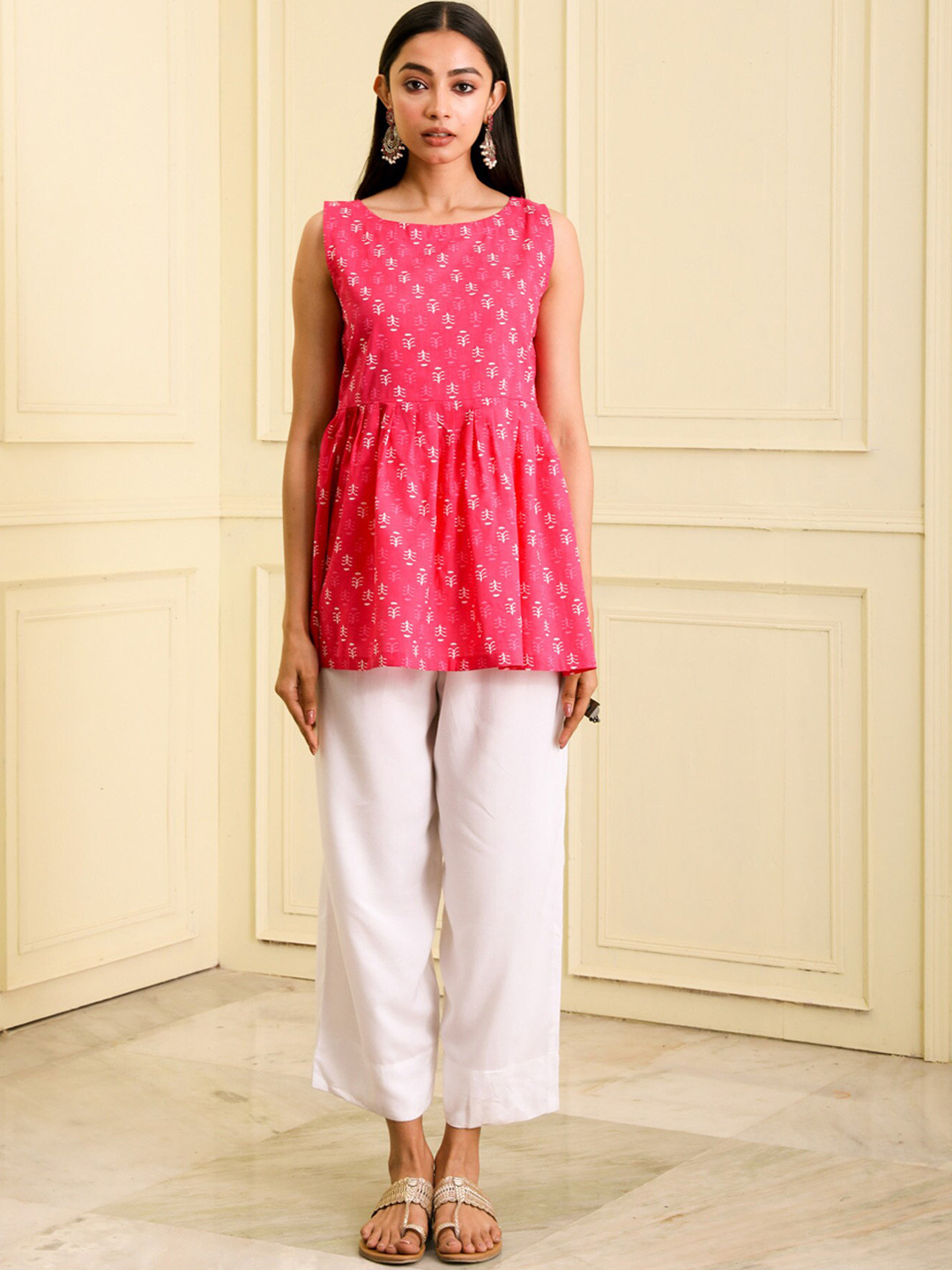 

BEATITUDE Ethnic Motifs Printed Organic Cotton Kurti, Pink