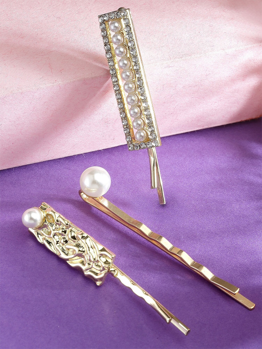 

Bohey by KARATCART Women Set of 3 Pearl and Crystal Studded Bobby Pins, White