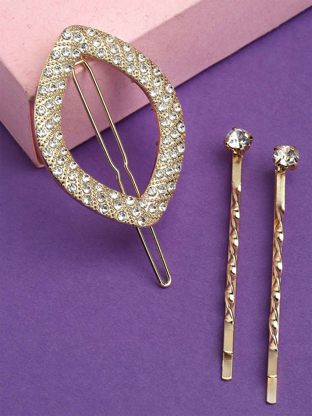 

Bohey by KARATCART Women Set of 3 Crystal Studded Bobby Pins, White