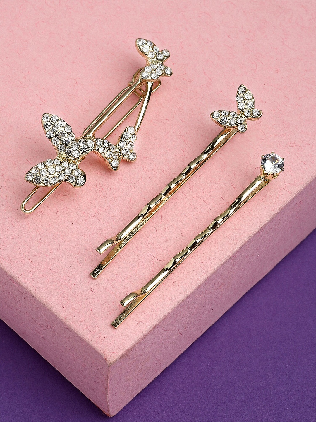 

Bohey by KARATCART Women 3Pcs Gold Plated Butterfly Crystal Studded Embellished Bobby Pins, White