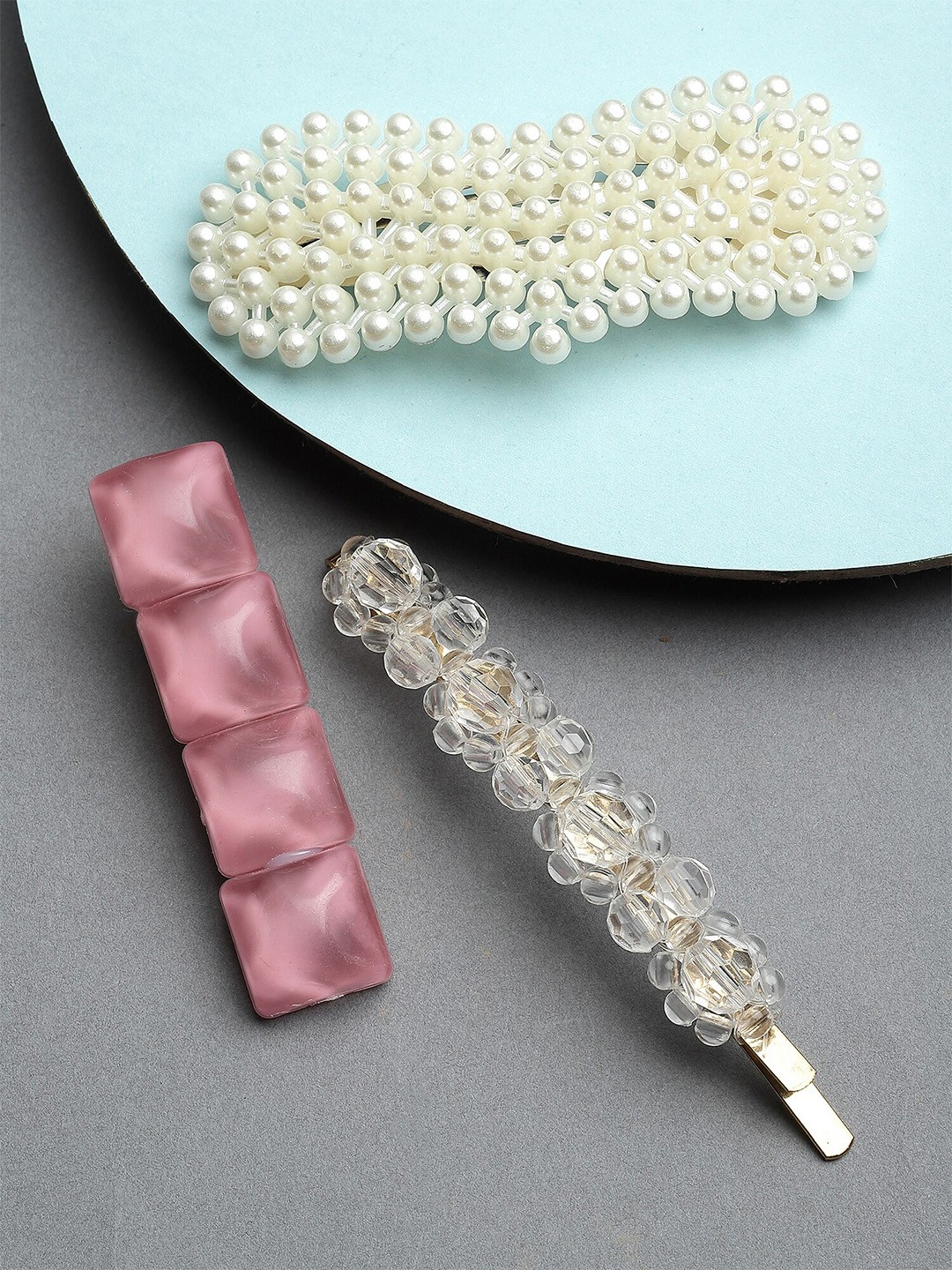 

Bohey by KARATCART Set of 3 Pearl Beaded Alligator Hair Clips, Pink